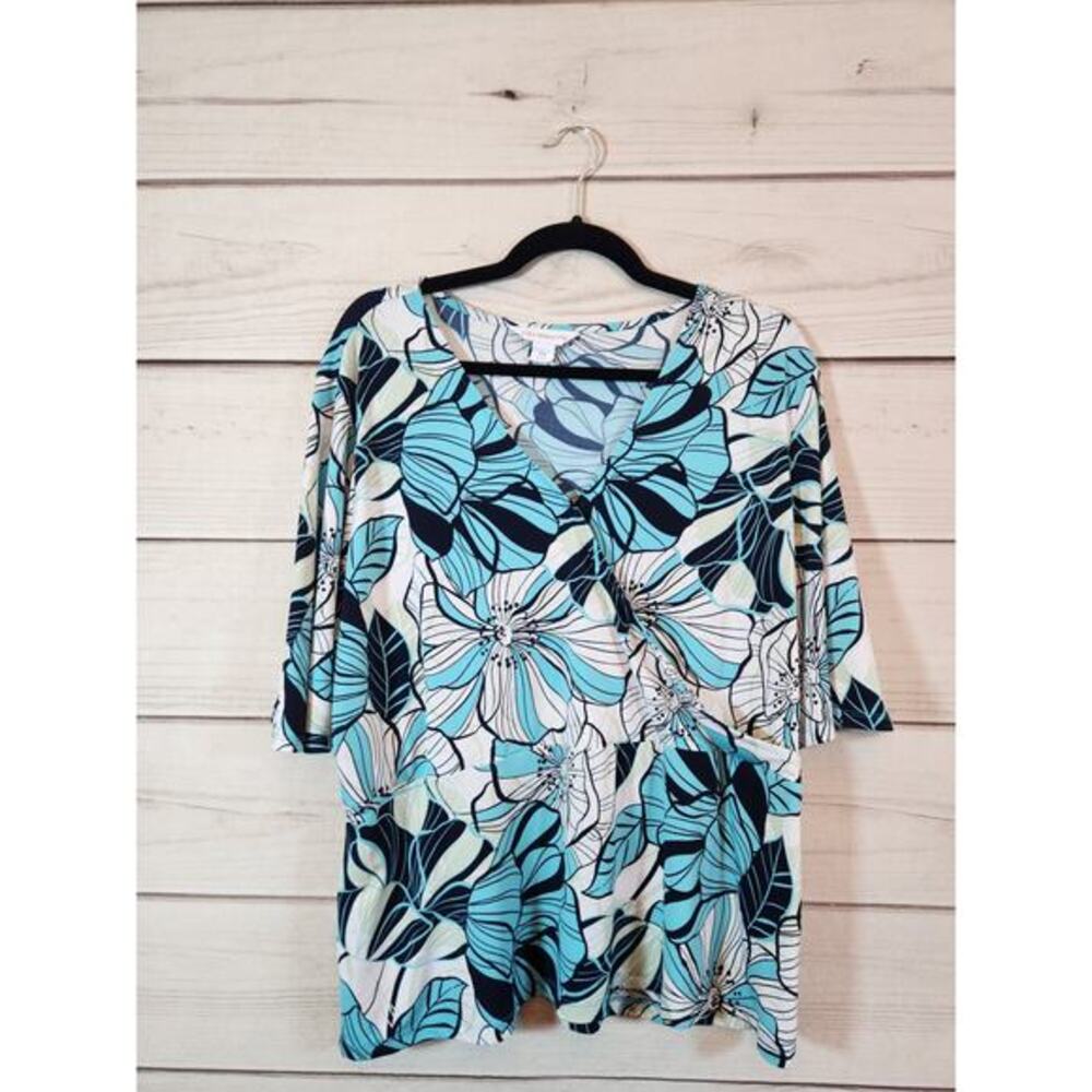 Liz Claiborne Womens Multicolor Floral Stretch V-Neck 3/4 Sleeve Blouse Sz XXL‎